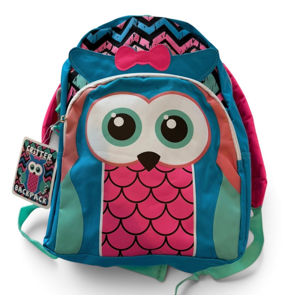 Critter Backpack Kids Owl School Bag Blue Pink Chevron Print NWT